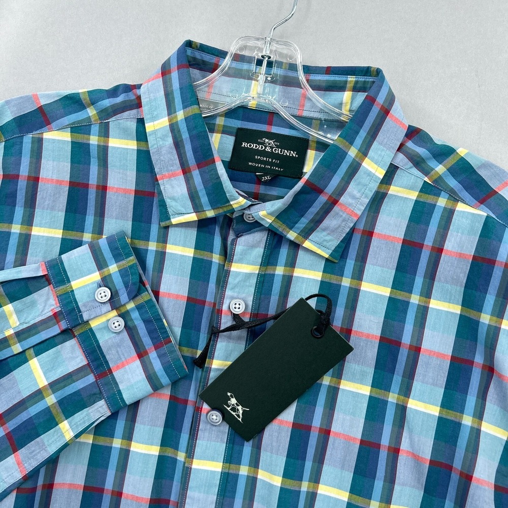 Rodd Gunn Shirt Mens 2XL XXL Blue Plaid‎ Sports Fit  Button Up Madras Spread NWT